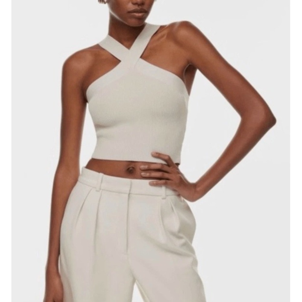 Aritzia Babaton Sculpt Knit Criss Cross Cropped Tank Womens Medium Beige Ribbed